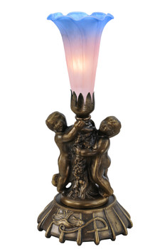 Meyda 12"high Pink And Blue Cherub Pond Lily Mini Lamp - 12454