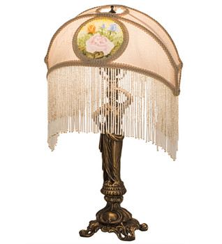 Meyda 20"h Reverse Painted Roses Fabric With Fringe Table Lamp - 189219