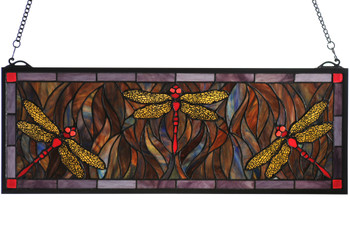 Meyda 28"w X 10"h Tiffany Dragonfly Trio Stained Glass Window - 48091