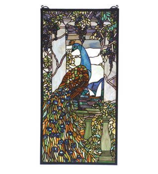 Meyda 15"w X 30"h Tiffany Peacock Wisteria Stained Glass Window - 70519