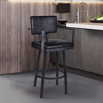 Armen Living Balboa 26” Counter Height Barstool With Arms In Black Powder Coated Finish And Vintage Black Faux Leather