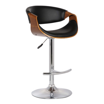 Armen Living Butterfly Adjustable Swivel Barstool In Black Faux Leather With Chrome Finish And Walnut Wood