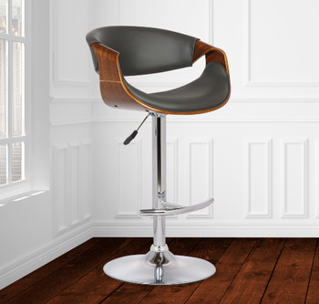 Armen Living Butterfly Adjustable Swivel Barstool In Gray Faux Leather With Chrome Finish And Walnut Wood