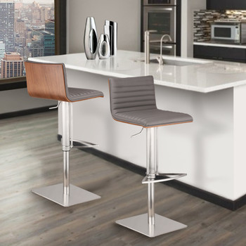 Armen Living Café Adjustable Brushed Stainless Steel Barstool In Gray Faux Leather With Walnut Back