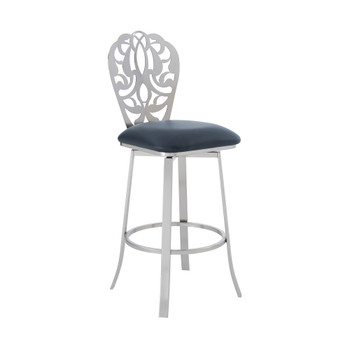 Cherie Contemporary 30" Bar Height Barstool In Brushed Stainless Steel Finish And Grey Faux Leather