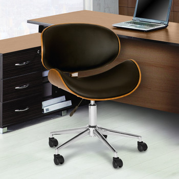 Armen Living Daphne Modern Office Chair In Chrome Finish With Black Faux Leather And Walnut Veneer Back