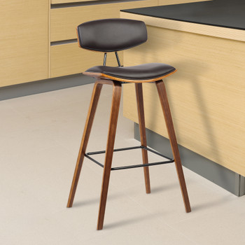 Armen Living Fox 26" Mid-century Counter Height Barstool In Brown Faux Leather With Walnut Wood