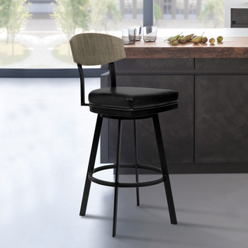 Frisco 30" Bar Height Barstool In Matte Black Finish With Black Faux Leather And Grey Walnut