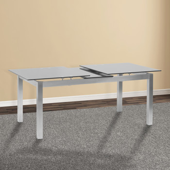 Armen Living Ivan Extension Dining Table In Brushed Stainless Steel And Gray Tempered Glass Top