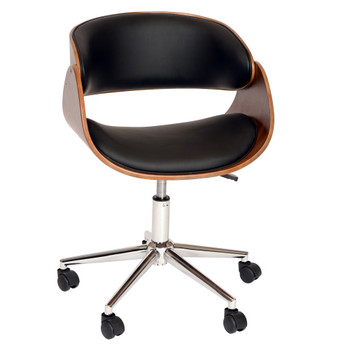 Armen Living Julian Modern Office Chair In Chrome Finish With Black Faux Leather And Walnut Veneer Back