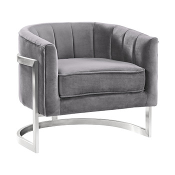 Armen Living Kamila Contemporary Accent Chair In Grey Velvet And Brushed Stainless Steel Finish