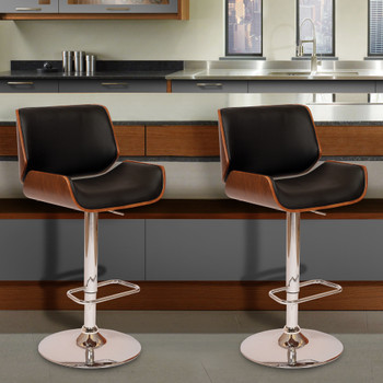 Armen Living London Swivel Barstool In Black Pu/ Walnut Veneer And Chrome Base