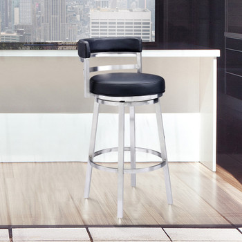 Madrid Contemporary 26" Counter Height Barstool In Brushed Stainless Steel Finish And Black Faux Leather