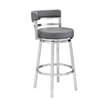 Madrid Contemporary 26" Counter Height Barstool In Brushed Stainless Steel Finish And Grey Faux Leather