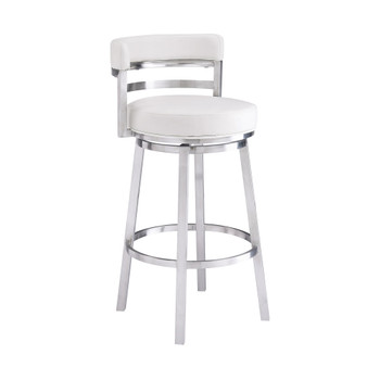 Madrid Contemporary 26" Counter Height Barstool In Brushed Stainless Steel Finish And White Faux Leather