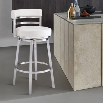 Madrid Contemporary 26" Counter Height Barstool In Brushed Stainless Steel Finish And White Faux Leather