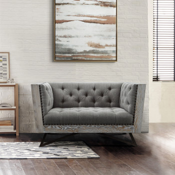 Armen Living Regis Contemporary Chair In Grey Fabric With Black Metal Finish Legs And Antique Brown Nailhead Accents