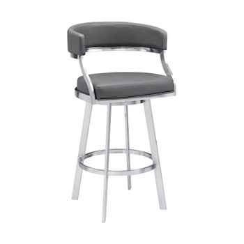 Saturn Contemporary 26" Counter Height Barstool In Brushed Stainless Steel Finish And Grey Faux Leather