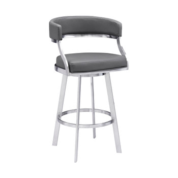 Saturn Contemporary 30" Bar Height Barstool In Brushed Stainless Steel Finish And Grey Faux Leather