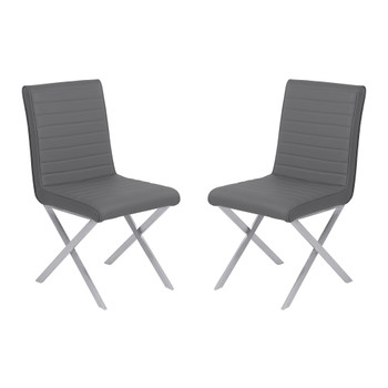 Armen Living Tempe Contemporary Dining Chair In Gray Faux Leather With Brushed Stainless Steel Finish - Set Of 2