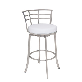 Armen Living Viper 26" Counter Height Swivel Barstool In Brushed Stainless Steel Finish With White Faux Leather