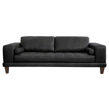 Armen Living Wynne Contemporary Sofa In Genuine Black Leather With Brown Wood Legs