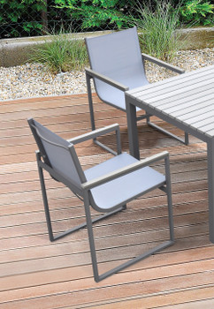 Armen Living Bistro Outdoor Patio Dining Chair In Grey Powder Coated Finish With Grey Sling Textilene And Grey Wood Accent Arms  - Set Of 2