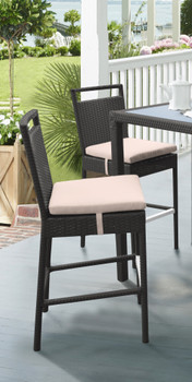 Armen Living Tropez Outdoor Patio Wicker Barstool With Water Resistant Beige Fabric Cushions
