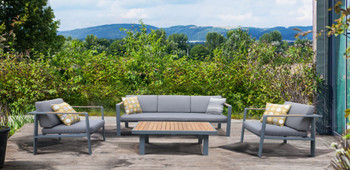 Armen Living Nofi 4 Piece Outdoor Patio Set In Gray Finish With Gray Cushions And Teak Wood