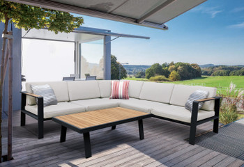 Armen Living Nofi Outdoor Patio Sectional Set In Charcoal Finish With Taupe Cushions And Teak Wood