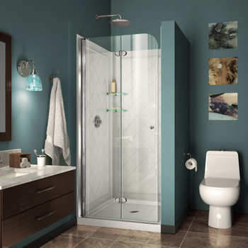 Dreamline Aqua Fold 32 In. D X 32 In. W X 76 3/4 In. H Frameless Bi-fold Shower Door In Chrome With White Base And Backwall Kit DL-6527-01