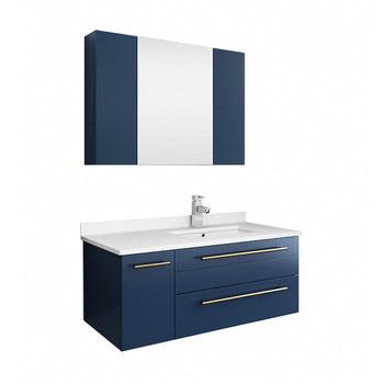 Fresca Lucera 36" Royal Blue Wall Hung Undermount Sink Modern Bathroom Vanity W/ Medicine Cabinet - Right Version - FVN6136RBL-UNS-R