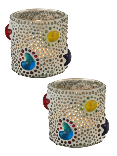 Dale Tiffany Springdale 3"h Bead Star Cylinder 2-pack Mosaic Art Glass Candle Votive Set