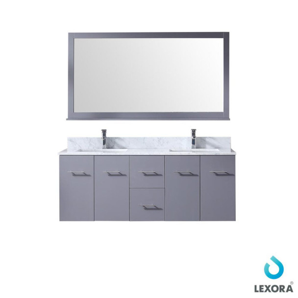 Amelie 60" Dark Grey Double Vanity, White Carrara Marble Top, White Square Sinks And 60" Mirror