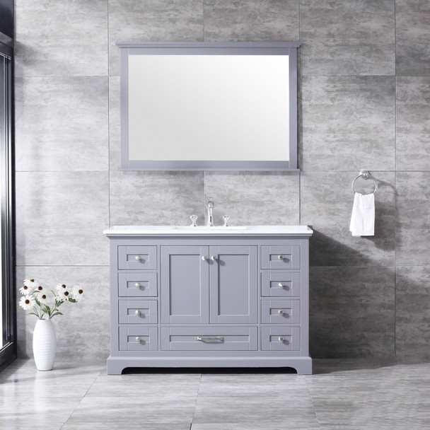 Dukes 48" Dark Grey Single Vanity, White Carrara Marble Top, White Square Sink And 46" Mirror W/ Faucet