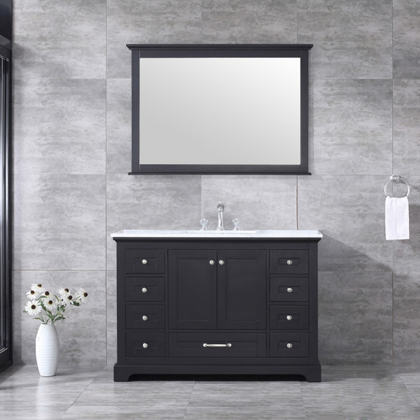 Dukes 48" Espresso Single Vanity, White Carrara Marble Top, White Square Sink And 46" Mirror W/ Faucet