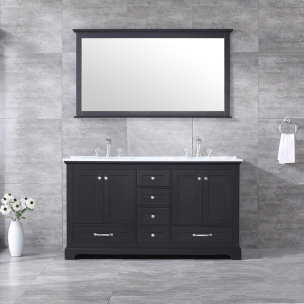 Dukes 60" Espresso Double Vanity, White Carrara Marble Top, White Square Sinks And 58" Mirror W/ Faucets