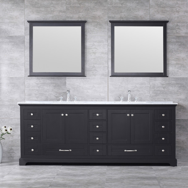 Dukes 84" Espresso Double Vanity, White Carrara Marble Top, White Square Sinks And 34" Mirrors W/ Faucets