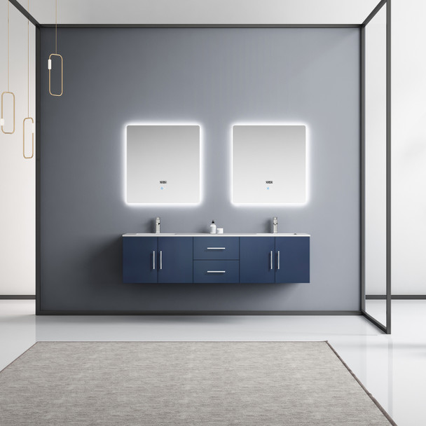 Geneva 72" Navy Blue Double Vanity, White Carrara Marble Top, White Square Sinks And 30" Led Mirrors W/ Faucets