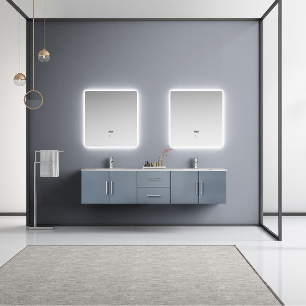 Geneva 80" Dark Grey Double Vanity, White Carrara Marble Top, White Square Sinks And 30" Led Mirrors W/ Faucets