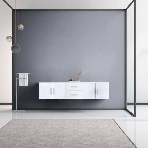 Geneva 80" Glossy White Double Vanity, White Carrara Marble Top, White Square Sinks And No Mirror