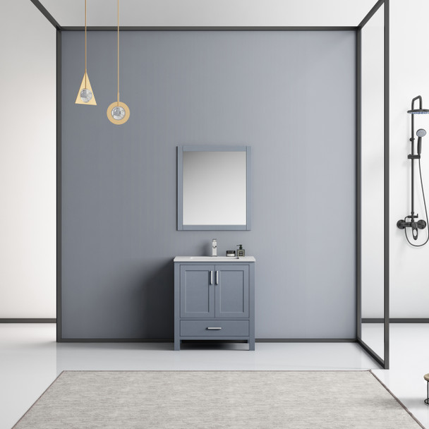 Jacques 30" Dark Grey Single Vanity, White Carrara Marble Top, White Square Sink And 28" Mirror W/ Faucet