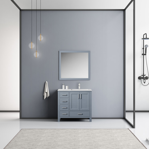 Jacques 36" Dark Grey Single Vanity, White Carrara Marble Top, White Square Sink And 34" Mirror W/ Faucet - Right Version