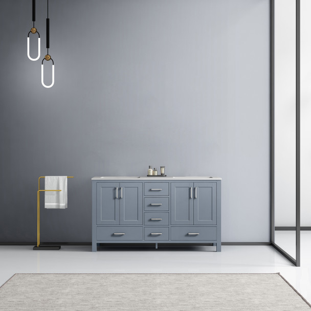 Jacques 60" Dark Grey Double Vanity, White Carrara Marble Top, White Square Sinks And No Mirror
