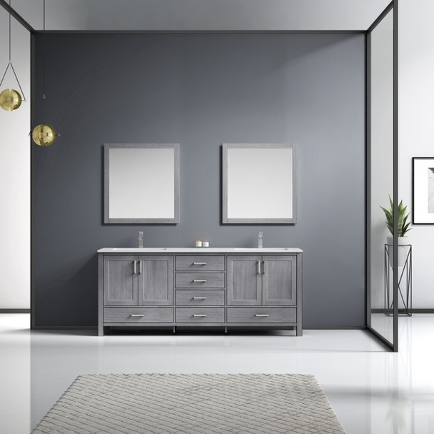 Jacques 80" Distressed Grey Double Vanity, White Carrara Marble Top, White Square Sinks And 30" Mirrors W/ Faucets