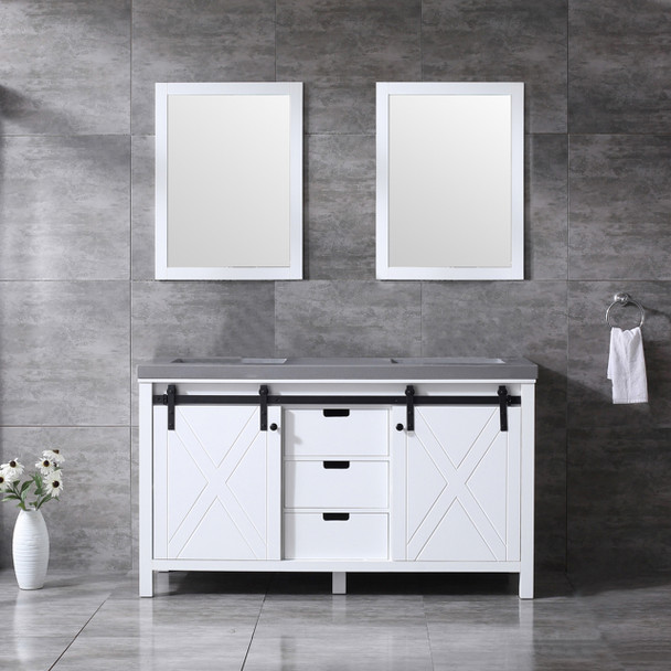 Marsyas 60" White Double Vanity, Grey Quartz Top, White Square Sinks And 24" Mirrors