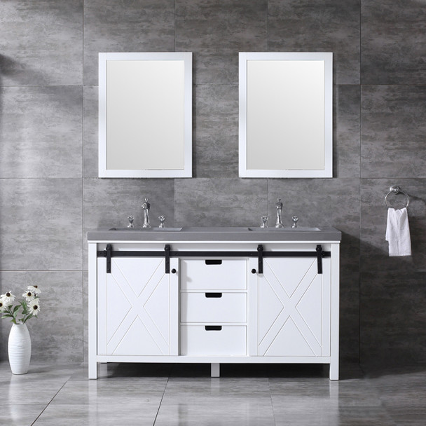 Marsyas 60" White Double Vanity, Grey Quartz Top, White Square Sinks And 24" Mirrors W/ Faucets