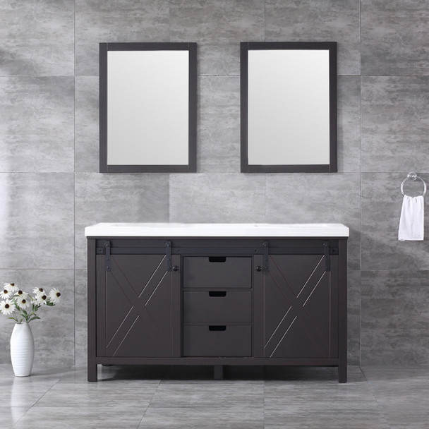 Marsyas 60" Brown Double Vanity, White Quartz Top, White Square Sinks And 24" Mirrors