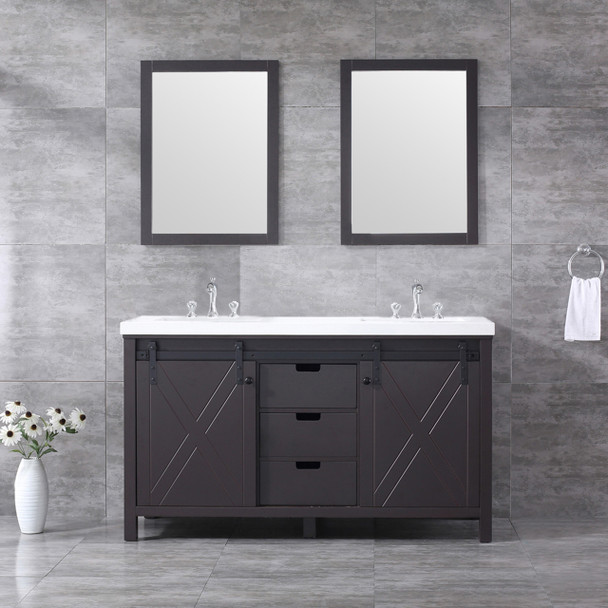 Marsyas 60" Brown Double Vanity, White Quartz Top, White Square Sinks And 24" Mirrors W/ Faucets