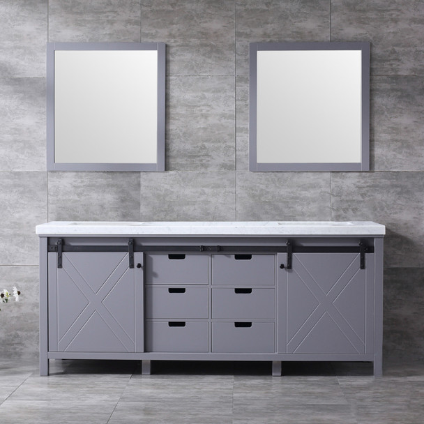 Marsyas 80" Dark Grey Double Vanity, White Carrara Marble Top, White Square Sinks And 30" Mirrors